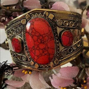 Vintage old silver and Red turquoise Women's Bracelet